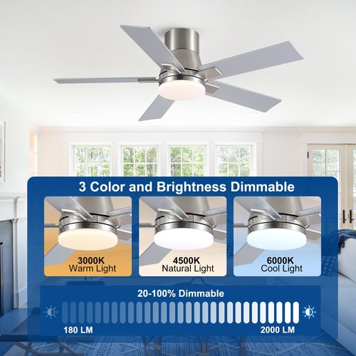 42 Inch Ceiling Fans with Lights and Remote,Flush Mount Brushed Nickel Ceiling Fan,6 Speed Reversible DC Motor,3CCT Dimmable LED-Low Profile Design for Bedroom, Living room & Covered Outdoor