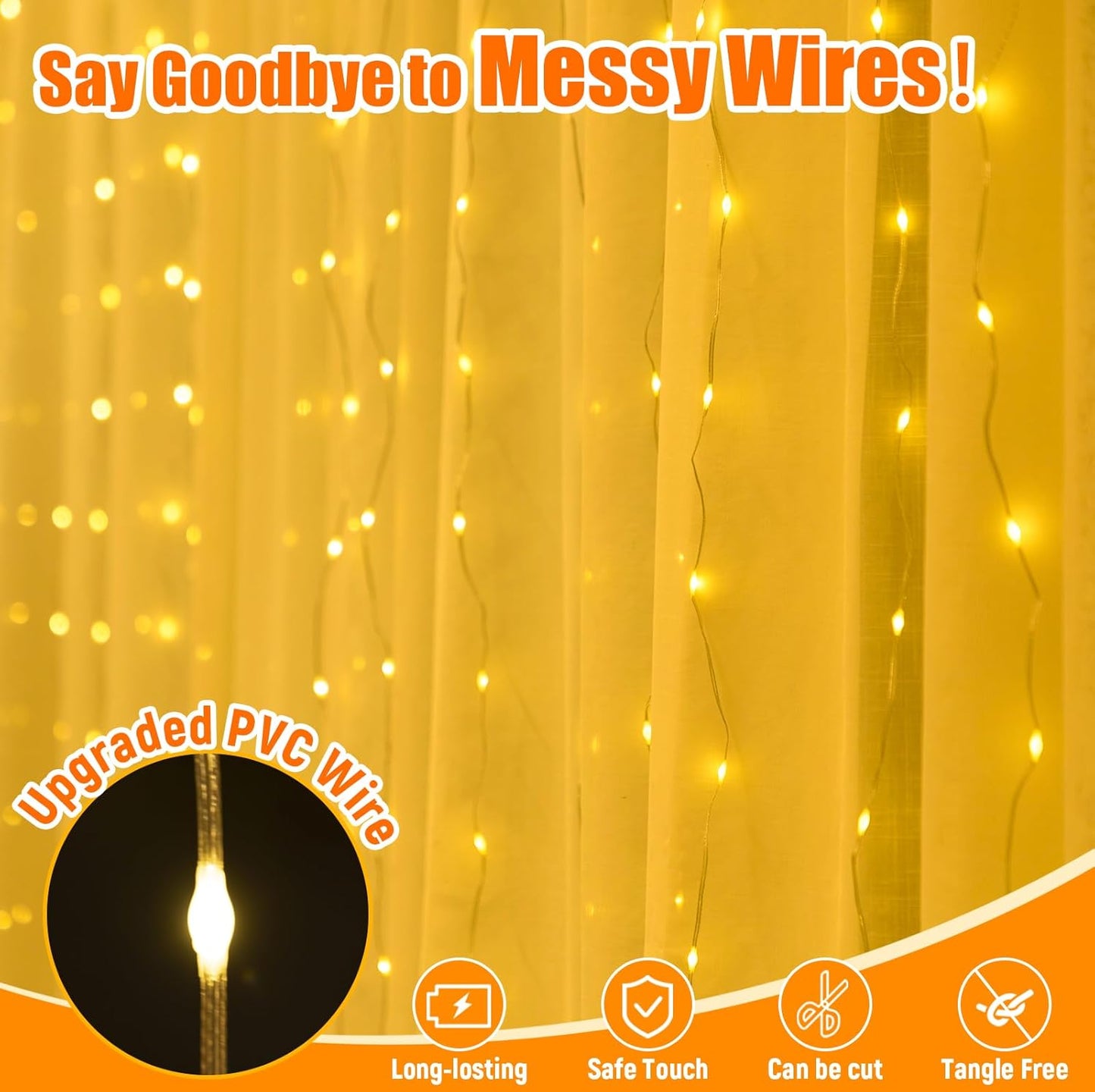 Skiennix Curtain Light - 300 LED Fairy String Lights with 16 Hooks & 8 Modes Remote | 9.8ft x 9.8ft Warm White Indoor Decor