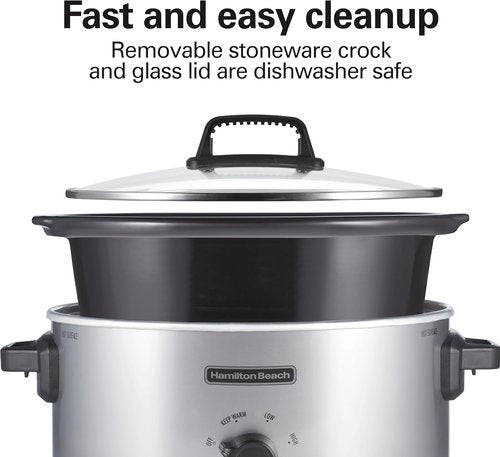 Hamilton Beach 6-Quart Slow Cooker - 3 Cooking Settings, Dishwasher-Safe Stoneware & Glass Lid