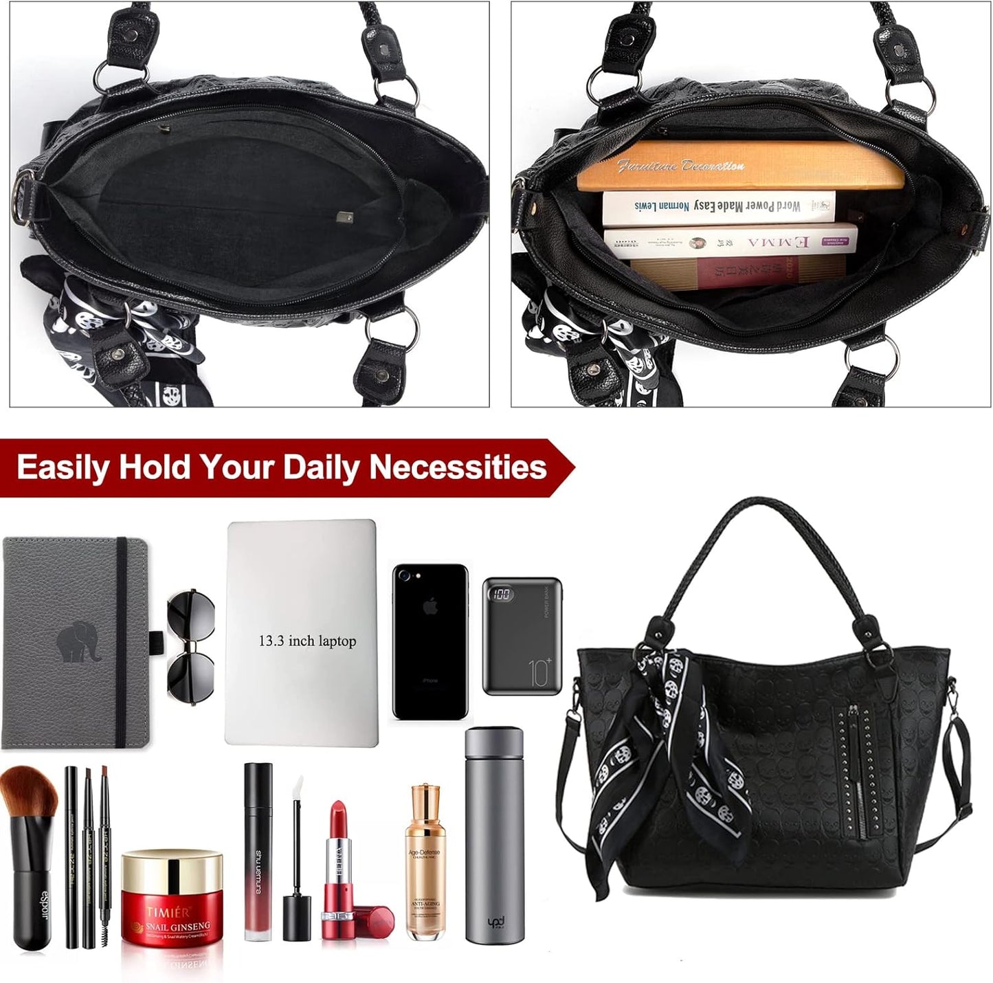 Zuoge Women’s Skull Tote Bag - Revit Studded PU Leather Handbag & Wallet Set with Scarf (3 Pcs)