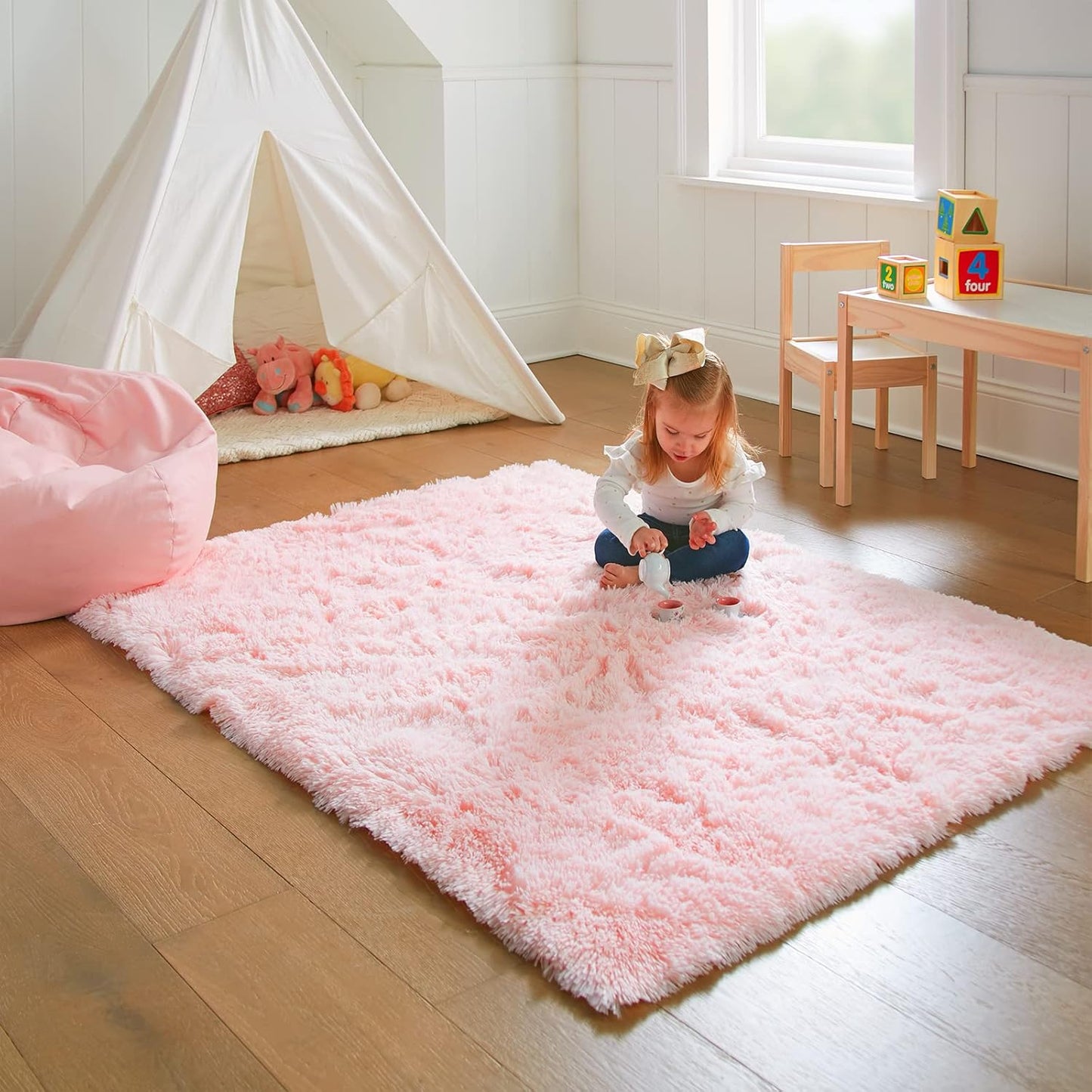 Ophanie Pink Shag Area Rug - Soft Fluffy Furry Carpet for Kids' Bedroom | 4x6 Cute Plush Decor
