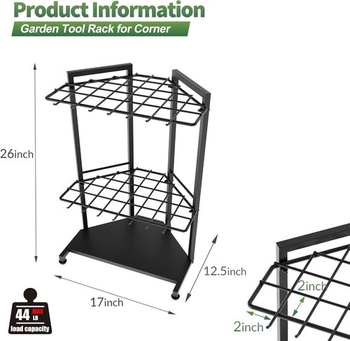 Garden Tool Organizer - Heavy Duty Metal Rack with 34 Storage Compartments & 14 Hooks for Tools