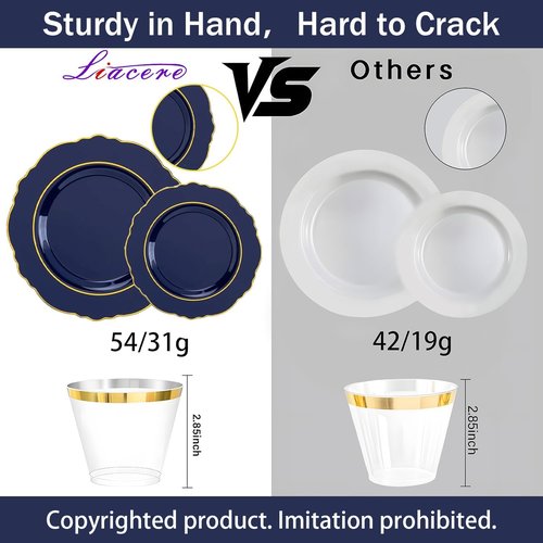 Liacere Navy Blue Plastic Plates - 350PCS Disposable Dinnerware Set for 50 Guests | Includes Napkins & Silverware