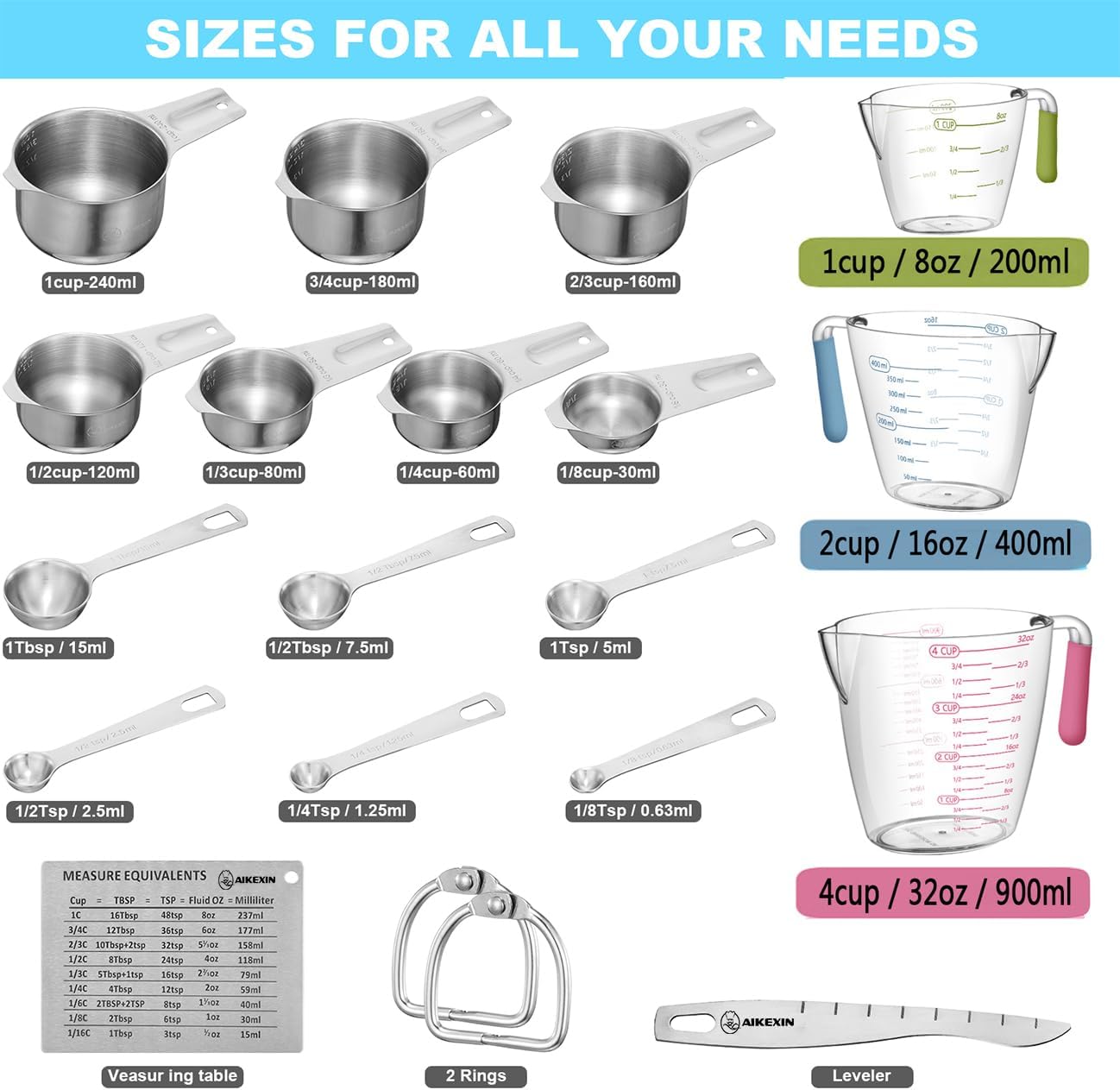 Skiennix 20-Piece Measuring Cups and Spoons Set - Stainless Steel & Plastic for Accurate Cooking & Baking