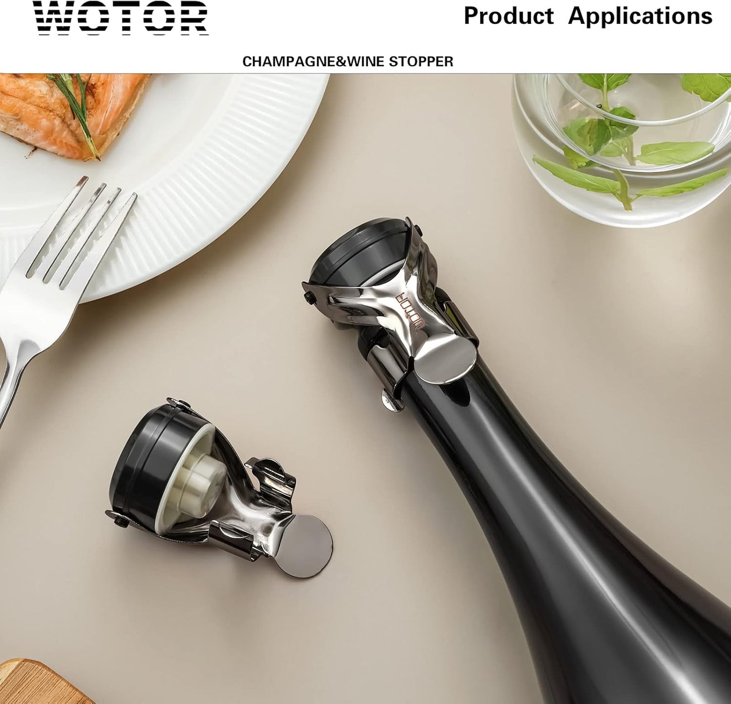 WOTOR Champagne&Wine Bottle Stoppers Stainless Steel with Food Grade Silicone, Leak Proof Keep Fresh Reusable Saver, Cork Suitable for Wine, Champagne, Cava, Prosecco and Sparkling (12 Pack Black)