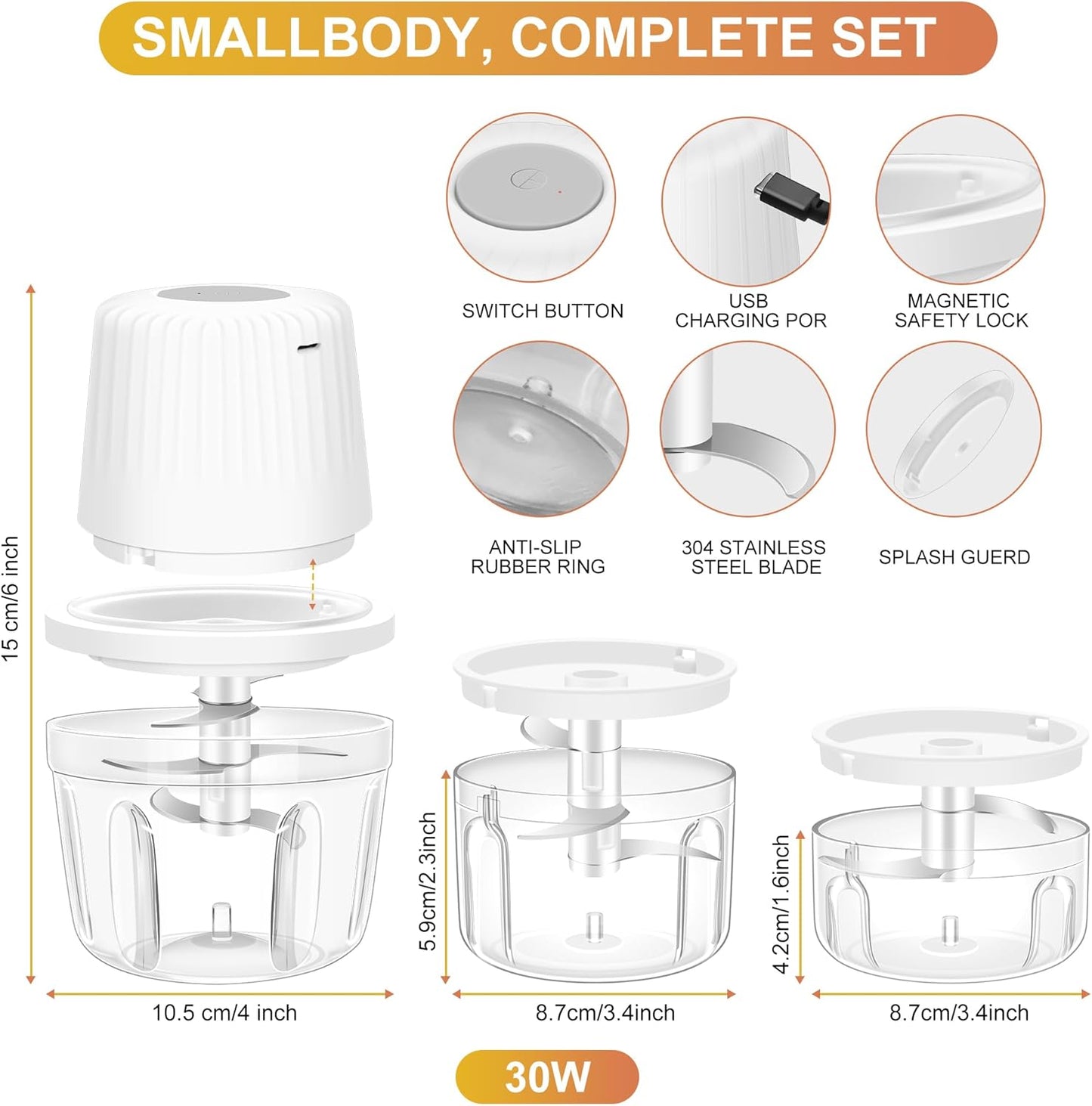 Skiennix Electric Garlic Chopper - Mini USB Portable Food Processor with 6 Blades | 100/250/400ML Capacity