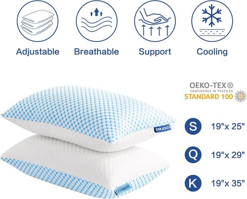 EASELAND Firm Pillows - Shredded Memory Foam with Adjustable Fill | Queen Size Set of 2, Cooling Cover for Hot Sleepers