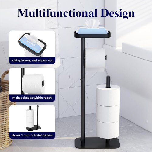 Kitsure Free Standing Toilet Paper Holder - Rustproof Metal Stand for 4 Rolls with Anti-Slip Base & Shelf | Black, Medium, 2-Pack