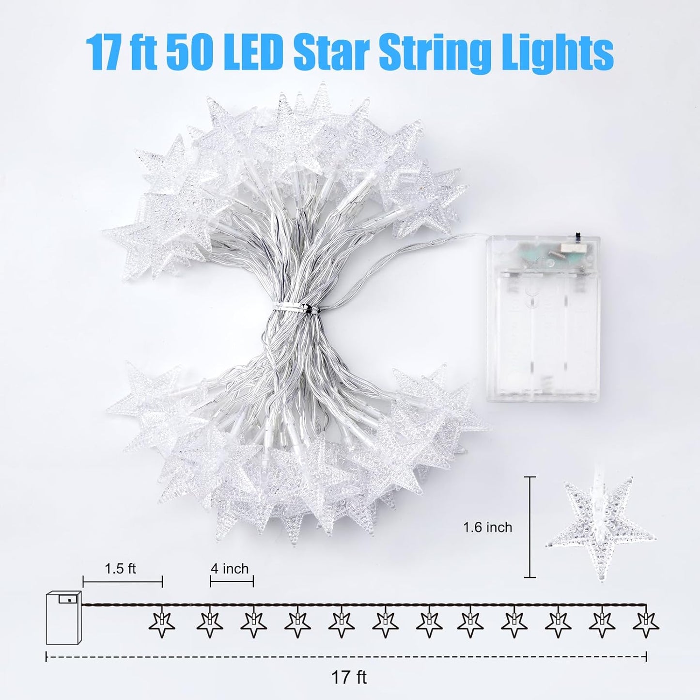 Minetom Star String Lights - 50 LED Waterproof Fairy Lights with Timer | 17 ft for Indoor & Outdoor Decor