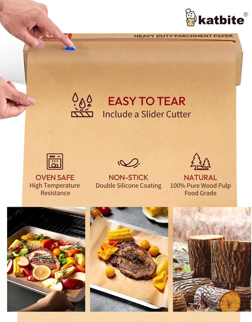 Katbite Unbleached Parchment Paper - Heavy Duty Non-Stick Baking Roll, 15 in x 210 ft, Ideal for Air Fryer & Steaming