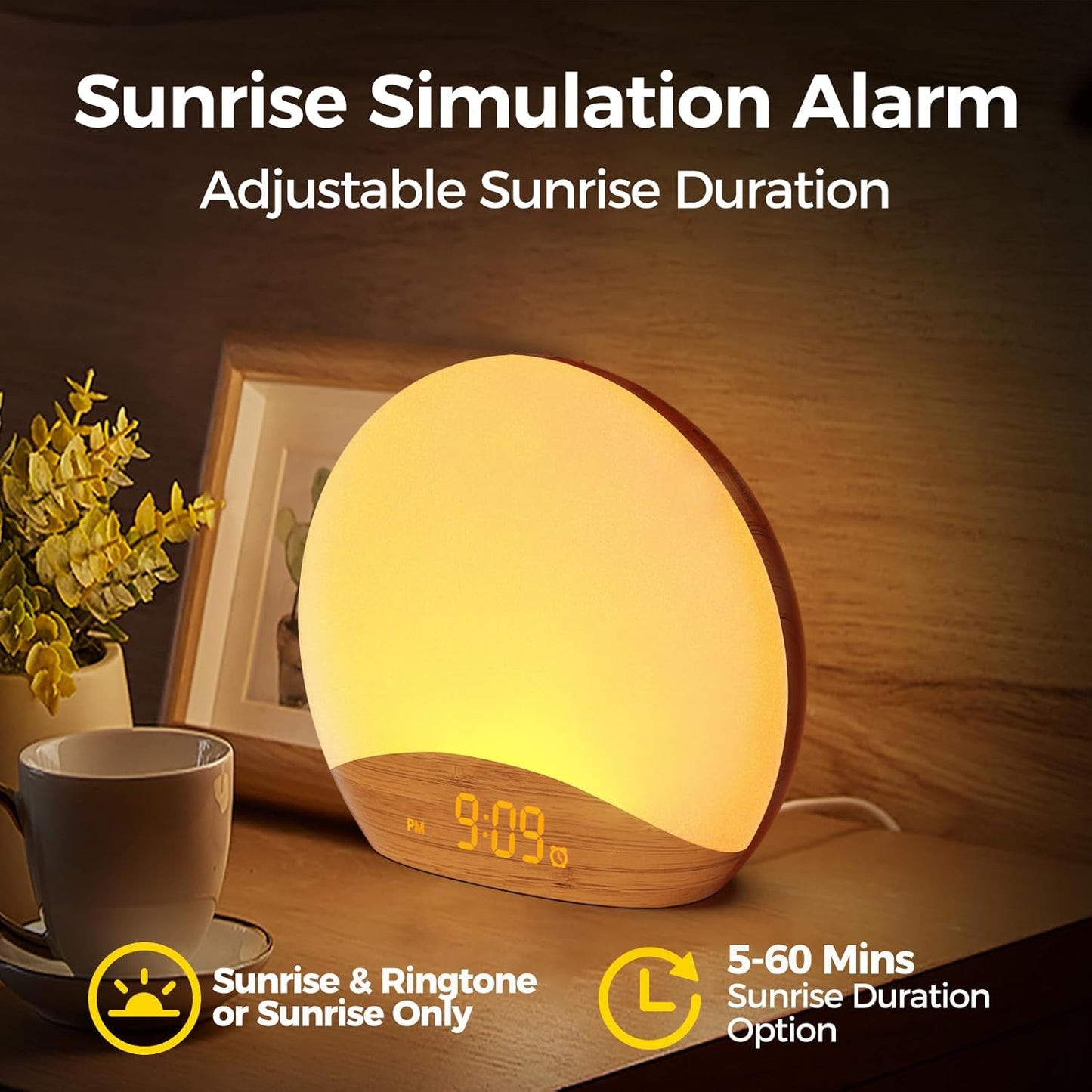 REACHER Sunrise Alarm Clock - Wood Grain Design with 26 Sleep Sounds & Dimmable Nightlight | Perfect for Kids & Adults