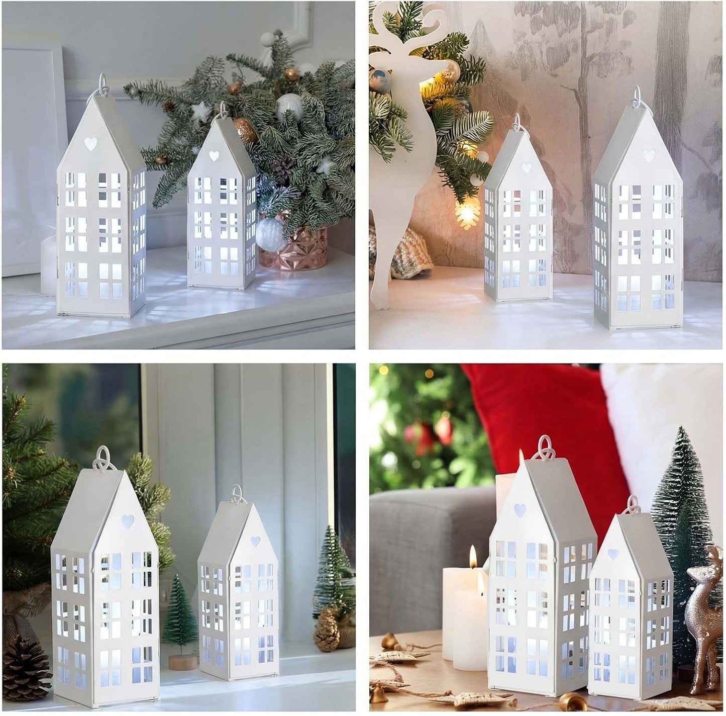 SiliFine White Farmhouse Village Set - 2 Rustic Houses with Candles for Home Decor | Wedding & Valentine's Day