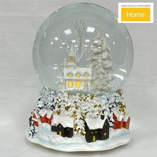 Ashfield & Harkness Winterland Church Decorative Snow Globe with Wind Up Music Box and LED Battery Operated Light