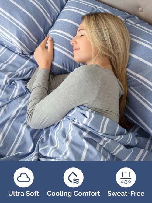 Extra Deep Full Fitted Sheet - Hotel Luxury Single Fitted Sheet Only - Easily Fits 18 inch to 24 inch Mattress - Ultra Soft, Wrinkle Free with Extra Deep Pockets - Breathable & Comfy - Blue Stripes