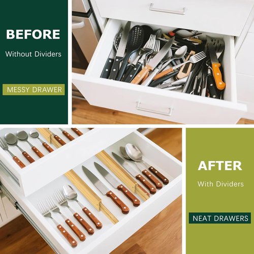 Lzerking Bamboo Drawer Organizers - Adjustable 6 Pack | Expandable Utensil Dividers (17-22")