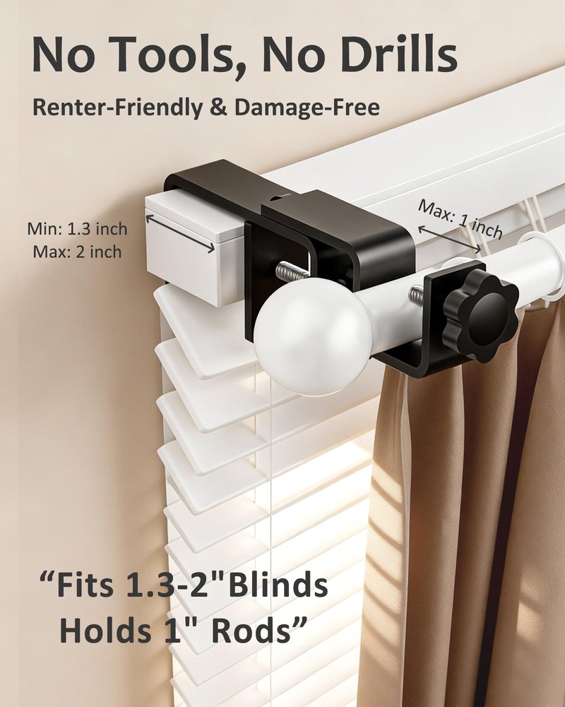 Over Blinds Curtain Rod Brackets for Outside Mounted, No-Drill Blinds Curtain Rod Holders for 1.3-2" Rectangular Headrails, Tool-Free & No Wall Damage, Apartment & Renter Friendly (Set of 3, Black)