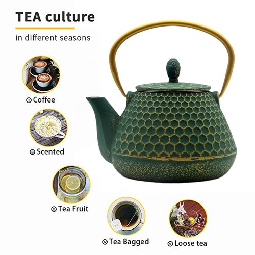 Cast Iron Tea Kettle Set, 33.8oz Hexagon Pattern Teapot Set with Cups, Teapot Coated with Enameled Interior, Durable Cast Iron Teapot Set with Stainless Steel Infuser