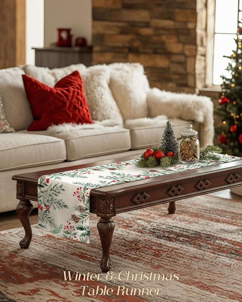 Miss Adola Holly Pine 13x48 Inch Christmas Table Runner - Watercolor Berries