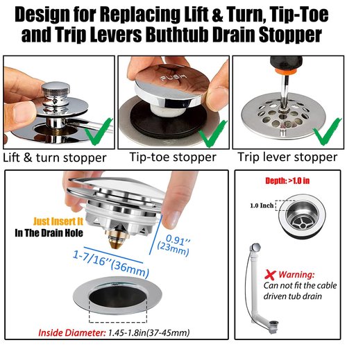 Anlige Bathtub Drain Stopper, Pop Up Tub Stopper and Cover, Bottom with Hair Catcher, Universal for 1.45 to 1.8 in Drain, Replaces Old Drain Plug, Chrome Silver