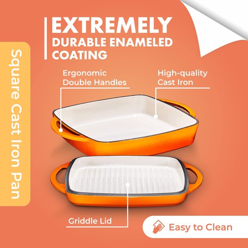 Bruntmor 2-in-1 Square Pumpkin Spice Cast Iron Dutch Oven With Handles, Enamel All-in-One Cookware Set, Braising Pan For Casserole Dish, Crock Pot Covered Cast Iron Skillet