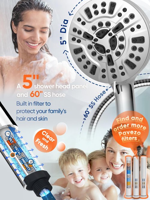 Pavezo® High Pressure Shower Head Handheld 5" Large, Extra Long 60" SS Hose 10-mode Portable Detachable Shower Head with Hard Water Filter for Bathroom, Anti-clog & Powerful to Clean Tile & Pets