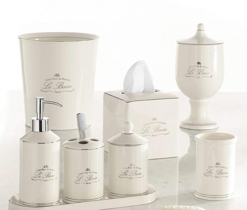 Ben&Jonah Le Bain Paris Collection Heavy Porcelain Waste Basket (9.5" H x 8" Top Diameter, 7" Bottom Diameter)