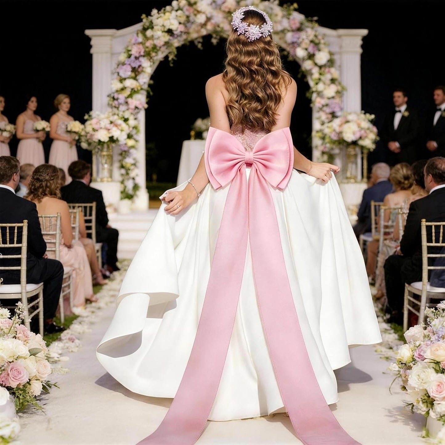 Vovoir Giant Bow Decoration - 75x18 Inch Pink Satin Bow Set with 10 Decorative Ribbons for Weddings & Parties