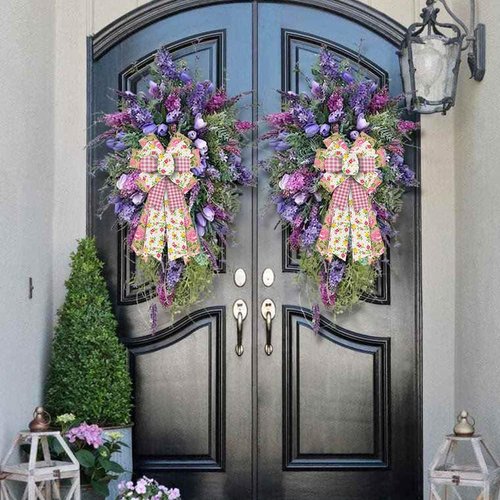 Estivaux Large Spring Flowers Bow - Pink Buffalo Plaid & Natural Burlap | Perfect for Wreaths & Decorations