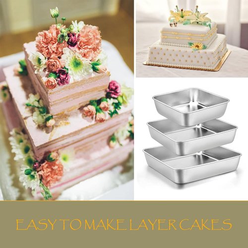 E-far Stainless Steel Square Cake Pan Set - Non-Toxic & Easy Clean Bakeware | Set of 3 (6/8/9-Inch)
