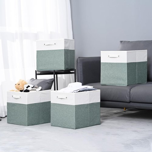 FinishingBo Storage Bins - 13x13 Inch Fine Linen Fabric Cube Organizers with Handles | White/Green - 4 Pack