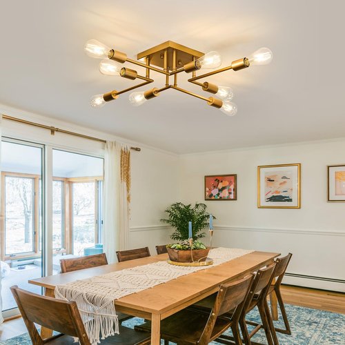 ASGYISA 8-Lights Semi Flush Mount Ceiling Light Fixture Vintage Gold Matte Sputnik Chandelier ModernClose to Ceiling Light for Bedroom Kitchen Living Room Dining Room Farmhouse
