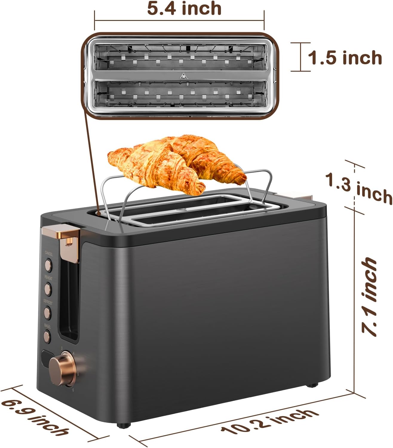 Mecity 2-Slice Stainless Steel Toaster - Extra Wide Slots, 6 Browning Settings, Timer & Warming Rack | Grey