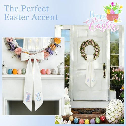 Elegant Easter Wreath Sash - 59" Long Embroidered Bunny/Cross/Egg Design for Boxwood & Magnolia Wreaths | Wrinkle-Resistant Spring Ribbon Decor