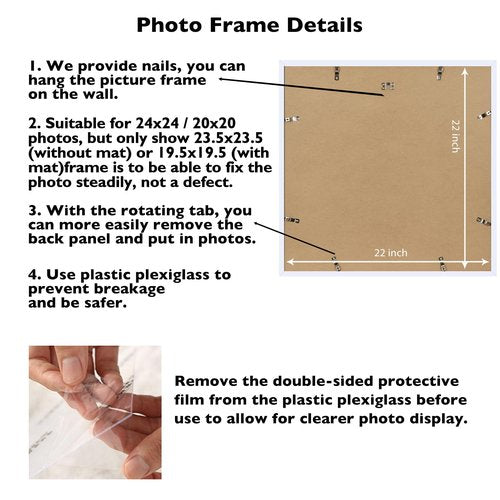 JCJMY 24x24 Picture Frame White with 20x20 Mat, Display Photo 20x20 with Mat or 24 x 24 Without Mat, Wall Hanging Large 24x24 Poster Frame with Shatter Resistant Plexiglass, White