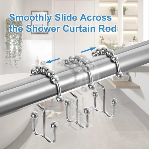 Shower Curtain Hooks Rings, TENOVEL Double Sided Shower Hooks Rust Proof for Bathroom Shower Rods Curtain, Durable Stainless Steel Bathroom Shower Curtain Hangers,Chrome,Set of 12