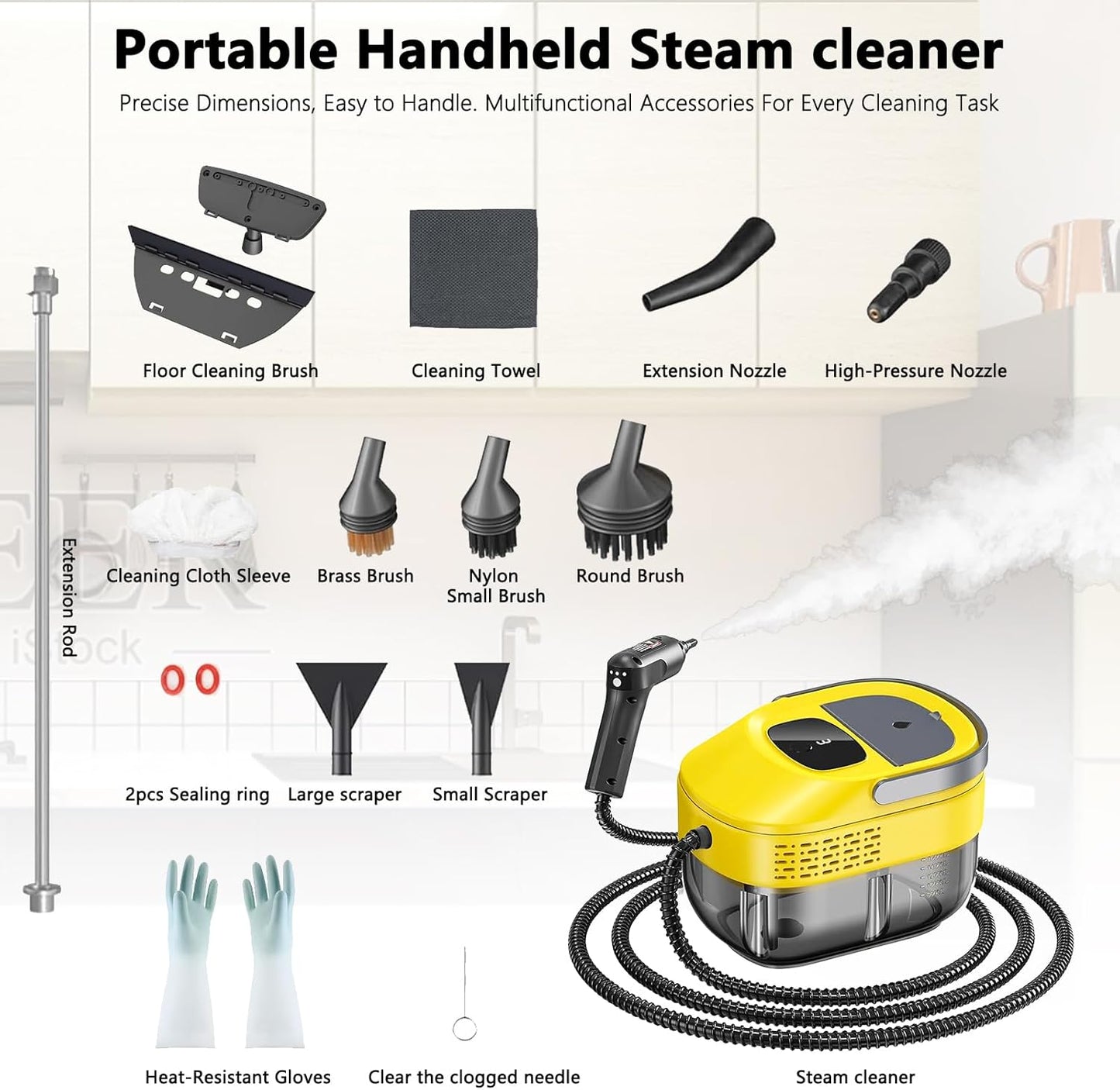 Skiennix Handheld Steam Cleaner - 3 Level Adjustable & 10s Heat-Up | 1.6 Qt Portable Steamer (Yellow)