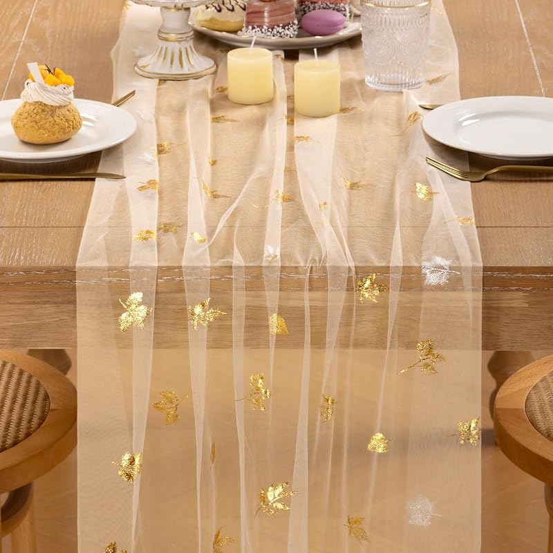 Beige Gold Glitter Gauze Table Runner 10 ft 29x120 Inch - Sparkling Cheesecloth for Weddings & Parties (Variation: Beige Gold Maple+1)