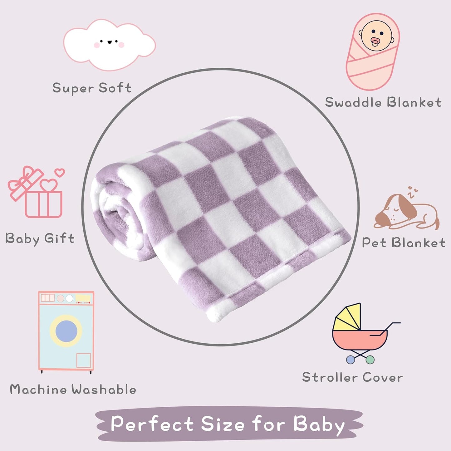 Yurhap Checkered Baby Blanket - Ultra Soft Fleece Receiving Blanket for Infants | 30''x40'', Purple
