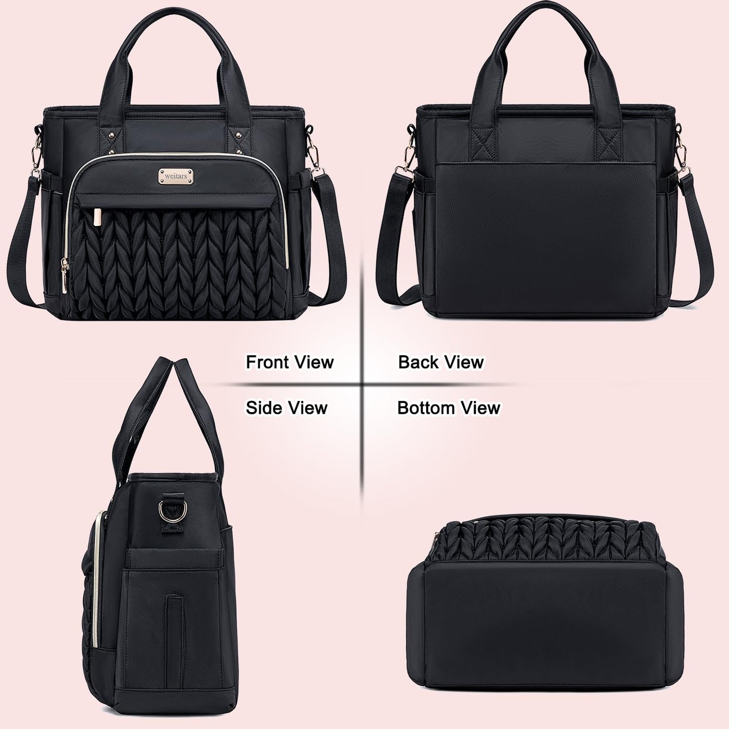 Weitars Insulated Lunch Bag - Leak-Proof Extra Large Tote with Removable Shoulder Strap & Side Pockets | Black