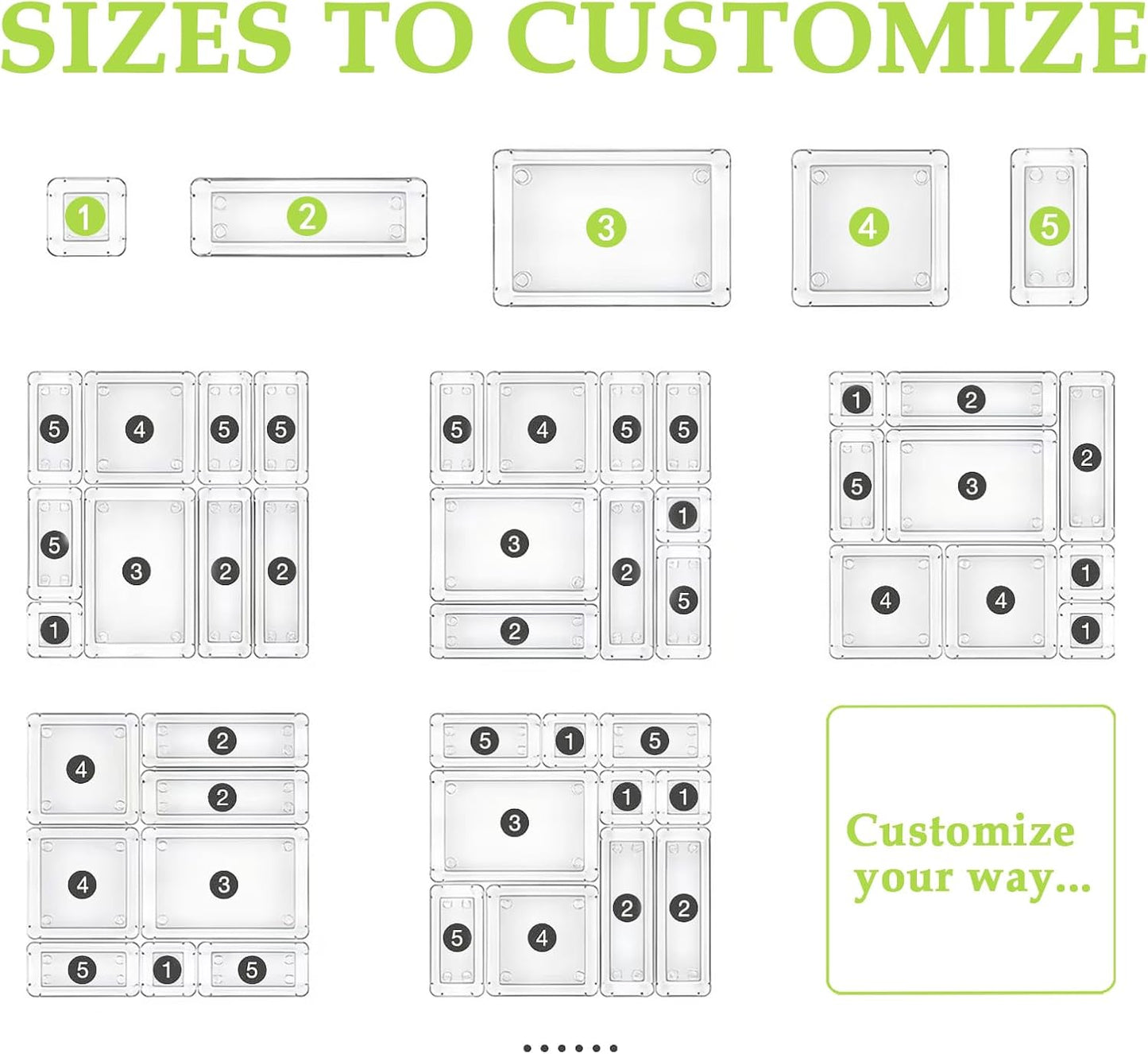 Skiennix Clear Acrylic Drawer Organizer - 5 Size Storage Trays for Makeup, Desk & Bathroom | Home & Office Use