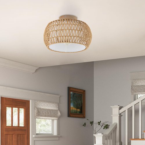 DSLITING Rattan Chandelier Boho Ceiling Light Fixtures Drum Flush Mount Ceiling Light Small Woven Chandelier for Kitchen Bedroom Hallway Nursery Light Fixture