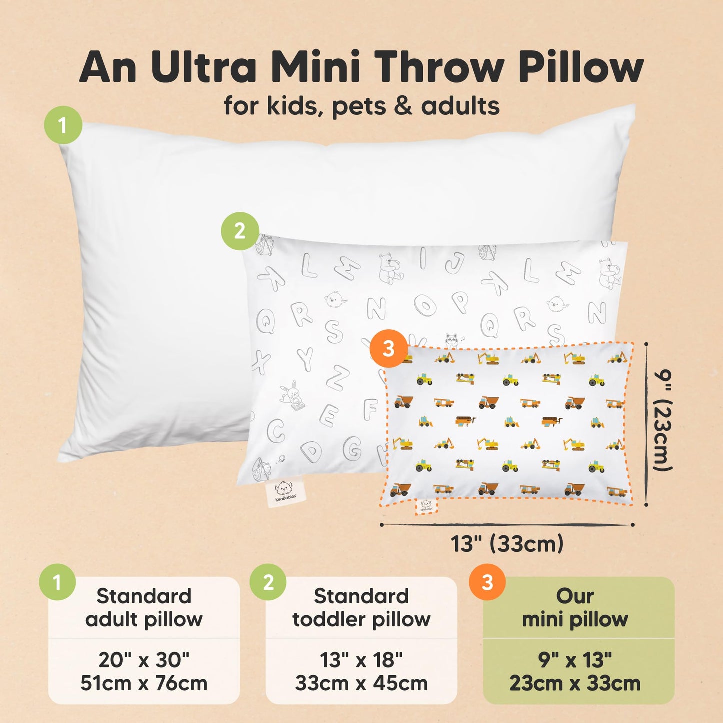 Mini Toddler Pillow with Pillowcase - 9x13 My Little Dreamy Travel Kids Pillow for Sleeping, Toddler Bed, Small, Tiny, Organic Cotton Pillowcase, Soft & Breathable, Kids 2-4 Years Old (Construction)