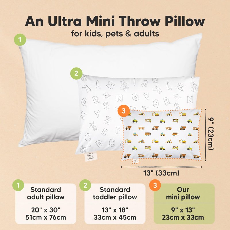 Mini Toddler Pillow with Pillowcase - 9x13 My Little Dreamy Travel Kids Pillow for Sleeping, Toddler Bed, Small, Tiny, Organic Cotton Pillowcase, Soft & Breathable, Kids 2-4 Years Old (Construction)