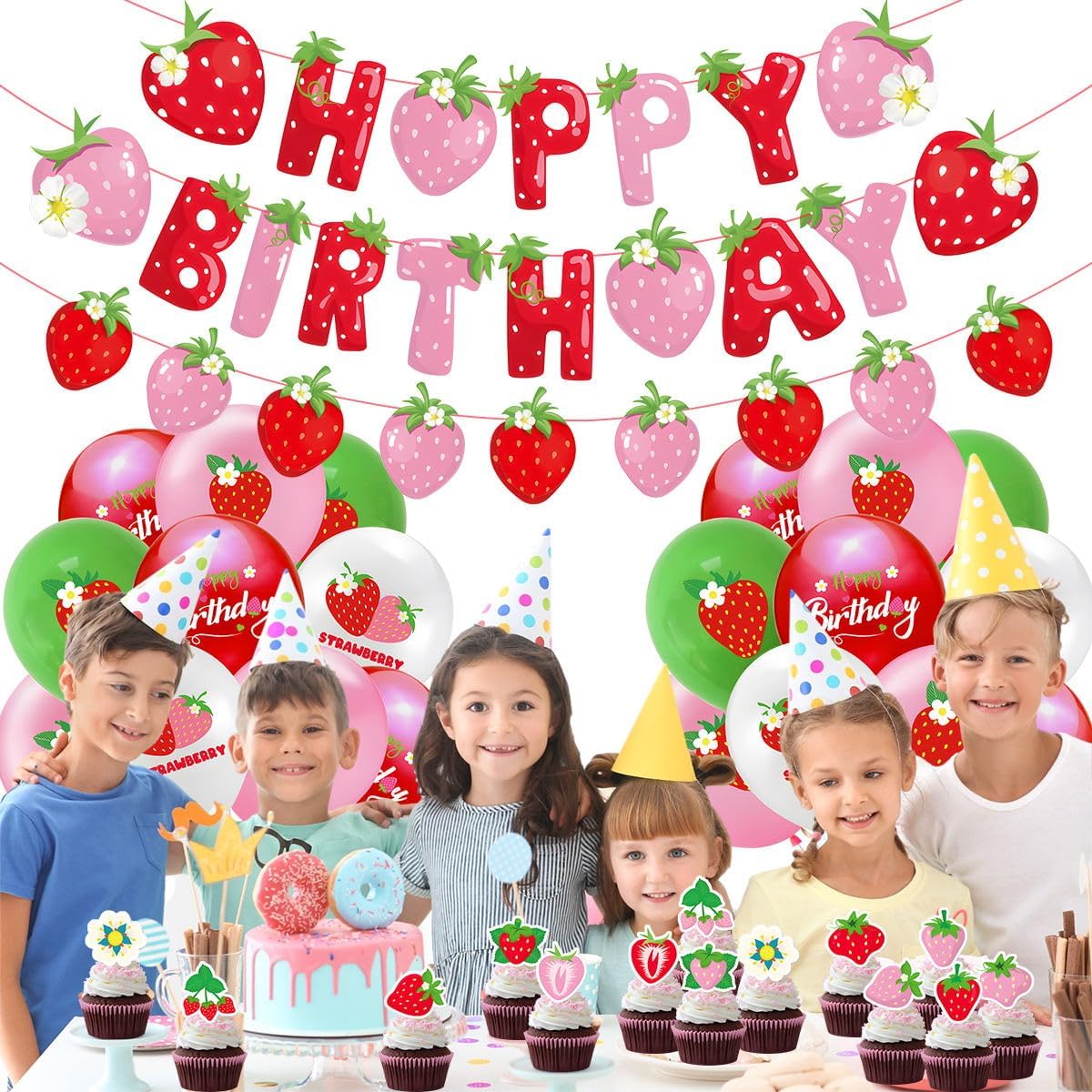 Strawberry Birthday Party Decoration Set - Balloons & Cake Toppers for Girls | Fruit-Themed Supplies