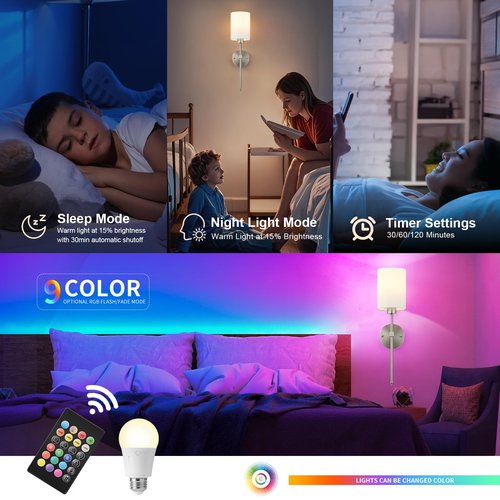 Battery Operated Wall Sconces Set of Two,Wireless Rechargeable Wall Light With Remote Control, Dimmable, Amber Light/Warm White/Natural White/Daylight/RGB,Timer,for Living Room,Bedroom,Entryway,Nickel