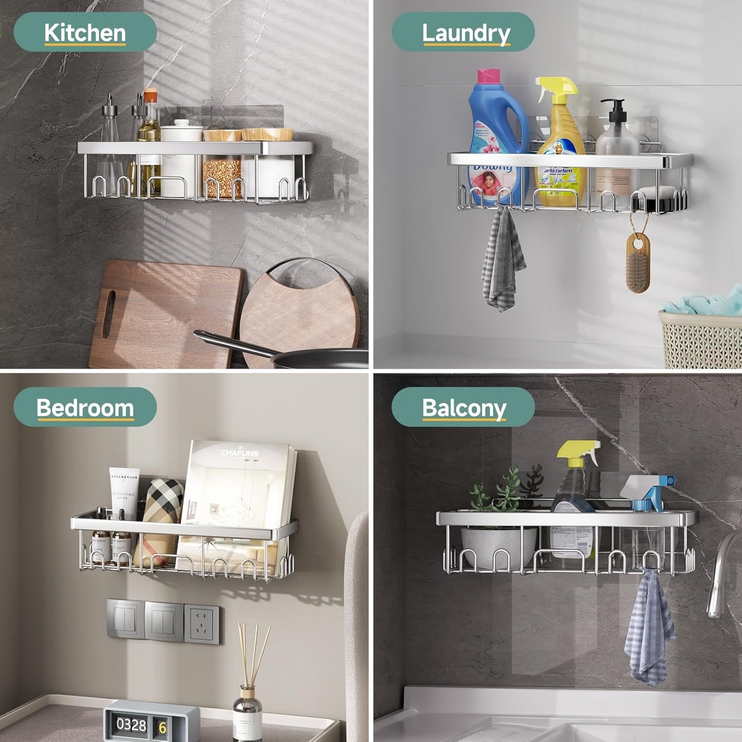 Veken Adhesive Shower Caddy - Heavy-Duty Wall-Mounted Organizer with Soap Dish & Toothbrush Holder | Silver 5-Pack