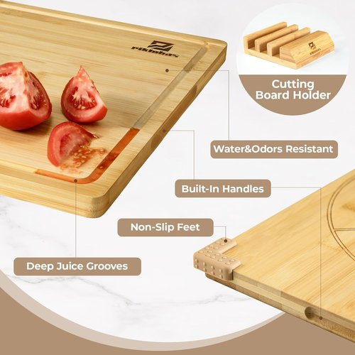 Bamboo Cutting Boards Set of 4 - Non-Slip Charcuterie & Chopping Boards with Holder | Ideal Gift