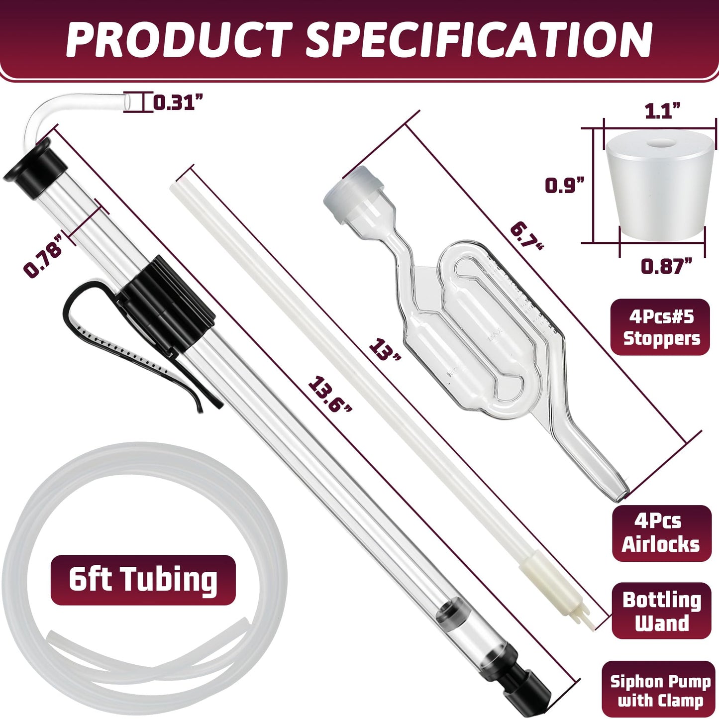 LURKA Wine & Mead Making Kit,Siphon Pump with 6 Feet of Tubing, Bottling Wand, Clamp, Bubble Airlock and Drilled Stopper,Wine Making Supplies for Beginners,Wine Wand and Auto Siphon Included