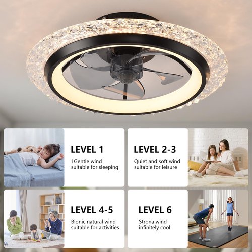 KINDLOV Ceiling Fans with Lights,Flush Mount Ceiling Fan with LED Light, Remote Control, and 6-Speed Wind Adjustment,Modern Ceiling Fan with Light for Bedroom,Kitchen,Living Room,Black