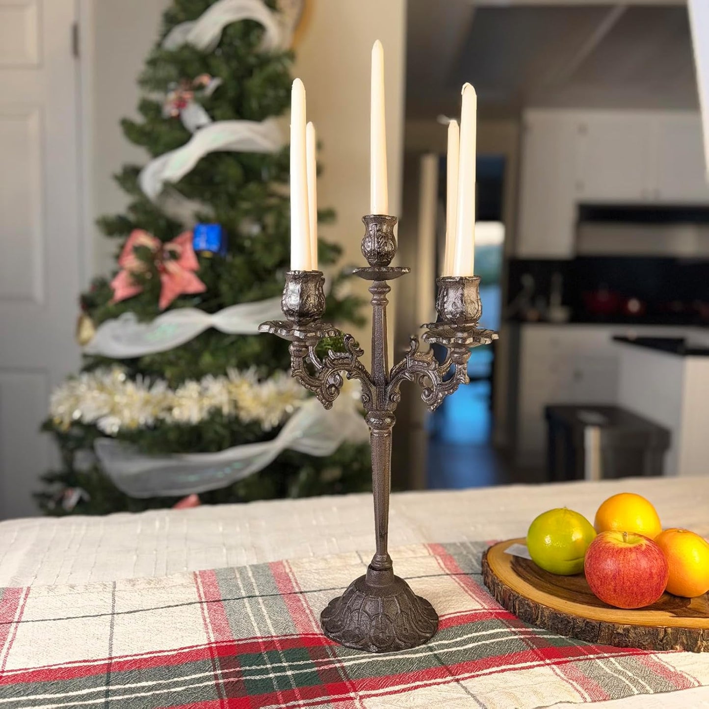 Antique Rust Brown Cast Iron Candelabra - 5-Arm Vintage Floral Candle Holder | 17" Tall Rustic Centerpiece
